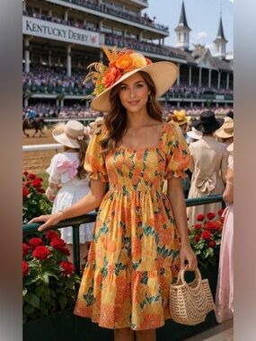 Anthropologie House of Harlow 100% Linen Floral SmockedDressWomen M PuffSleeve